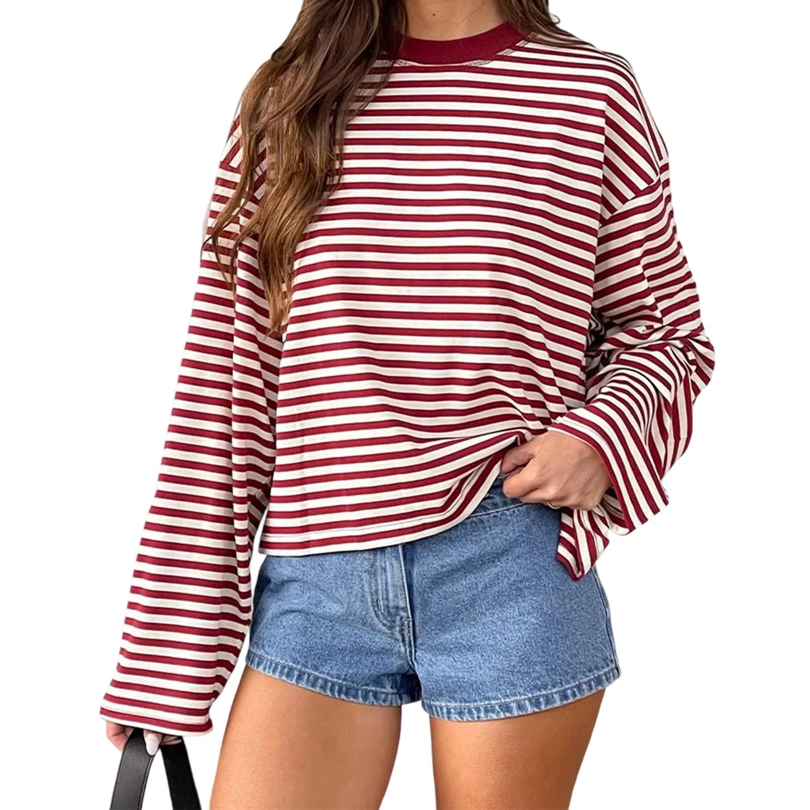 Women Retro T-Shirt Long Sleeve Crew Neck Loose Ladies Fall Casual Striped Top Streetwear