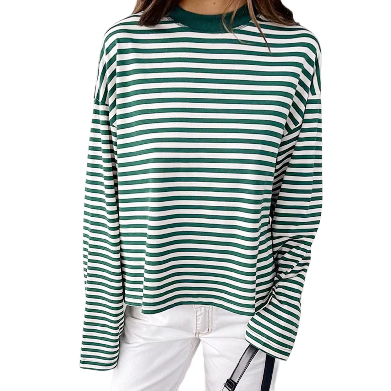 Women Retro T-Shirt Long Sleeve Crew Neck Loose Ladies Fall Casual Striped Top Streetwear