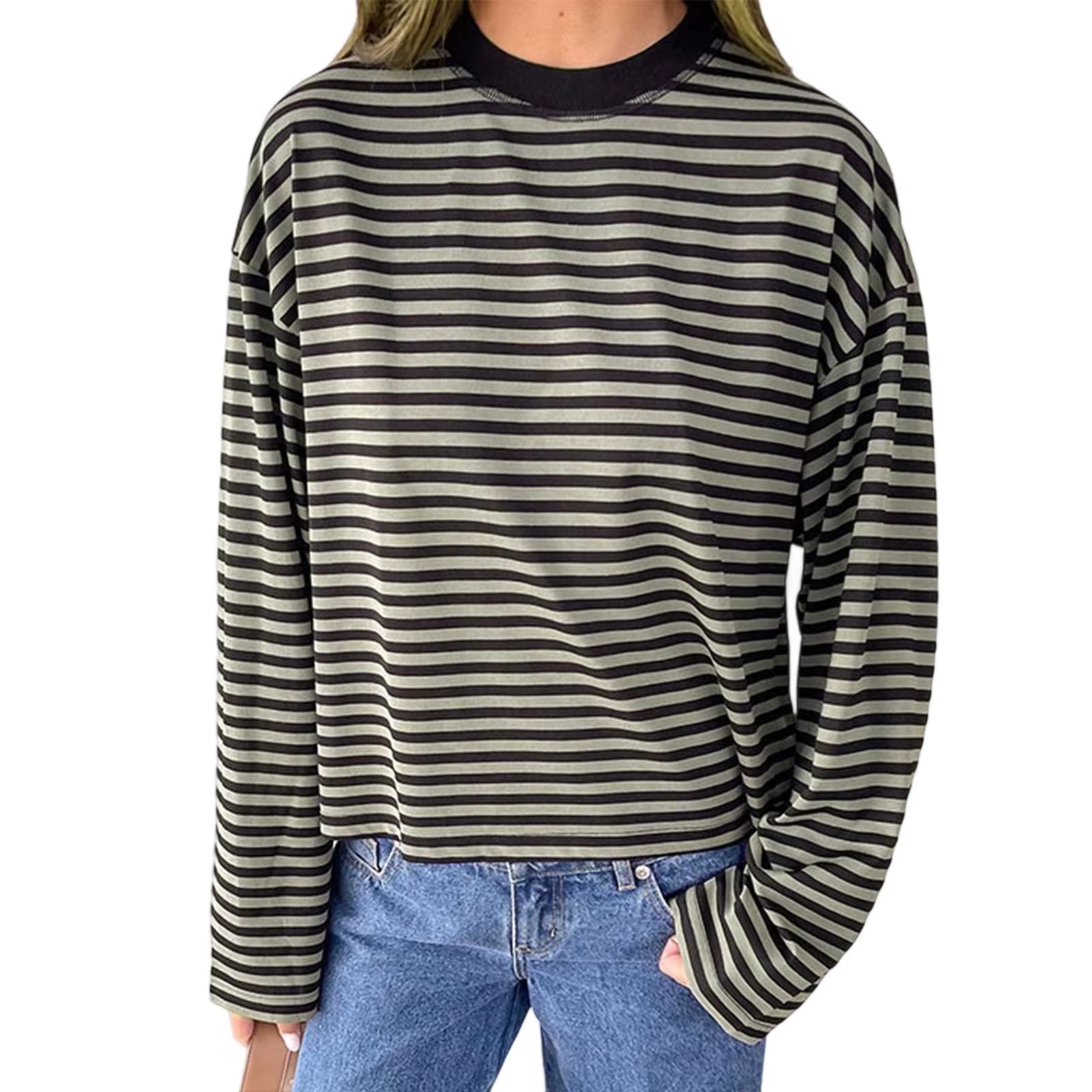 Women Retro T-Shirt Long Sleeve Crew Neck Loose Ladies Fall Casual Striped Top Streetwear