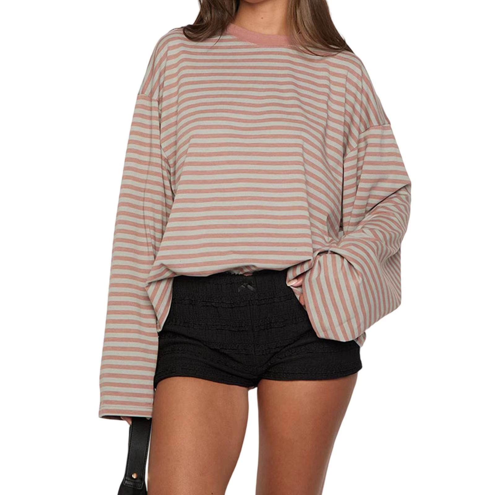 Women Retro T-Shirt Long Sleeve Crew Neck Loose Ladies Fall Casual Striped Top Streetwear