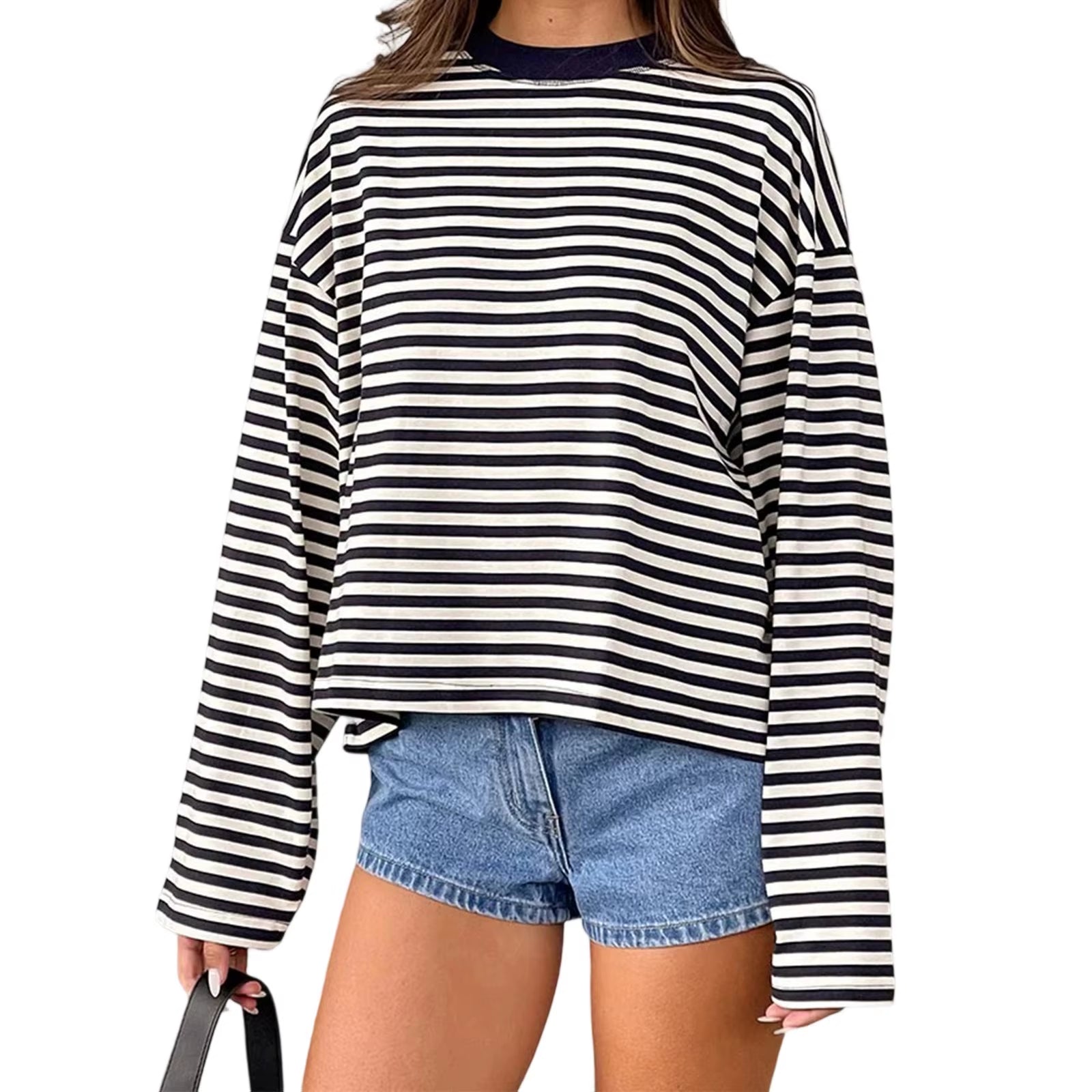 Women Retro T-Shirt Long Sleeve Crew Neck Loose Ladies Fall Casual Striped Top Streetwear